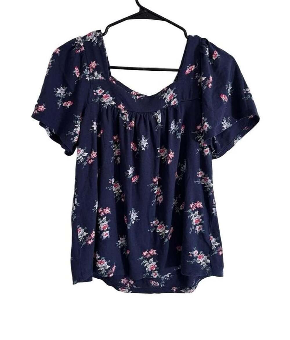 Lucky Brand Women's Navy Floral Square Neck Short Sleeve Knit Blouse